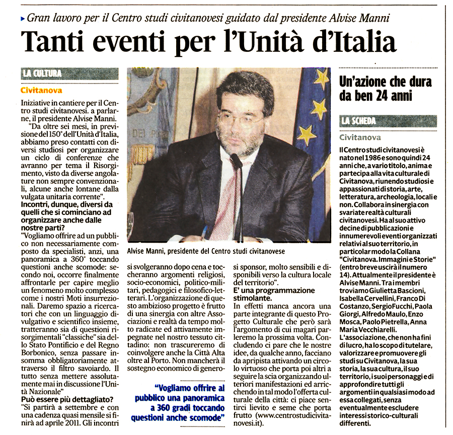 Articolo sulle iniziative del Centro Studi Civitanovesi nel 150° anniversario dell'unità d'Italia - dal Corriere Adriatico del 6 aprile 2010
