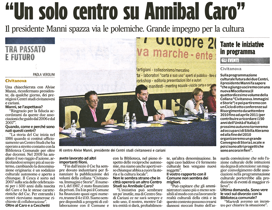 Corriere Adriatico del 7 marzo 2010: intervista a Alvise Manni, presidente del Centro Studi Cariani e del Centro Studi Civitanovesi